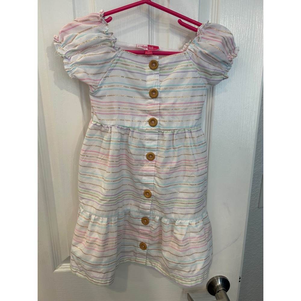 Penelope Mack Dress White Multi Color Metallic Striped Button Down Tiered 3T